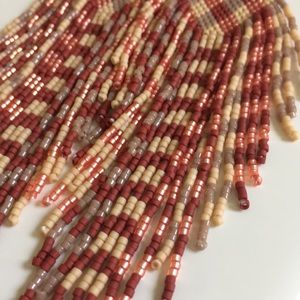 Red Tan plaid long beadwork fringe earrings